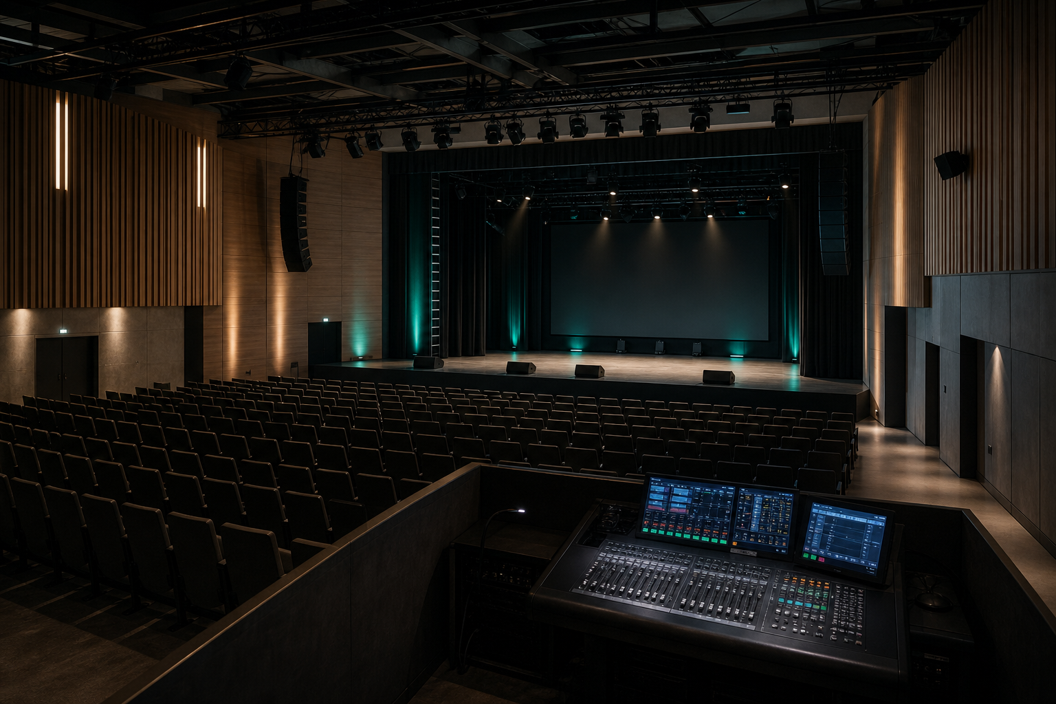 Salle polyvalente équipée en sonorisation, éclairage scénique, écran et régie audiovisuelle.